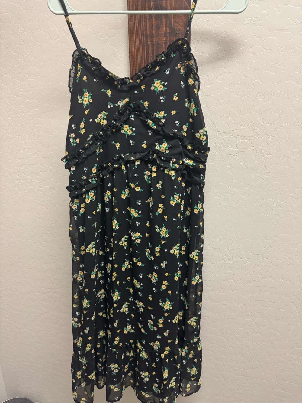 No Boundaries Black Floral Ruffle Slip Dress with Yellow & Green Accents